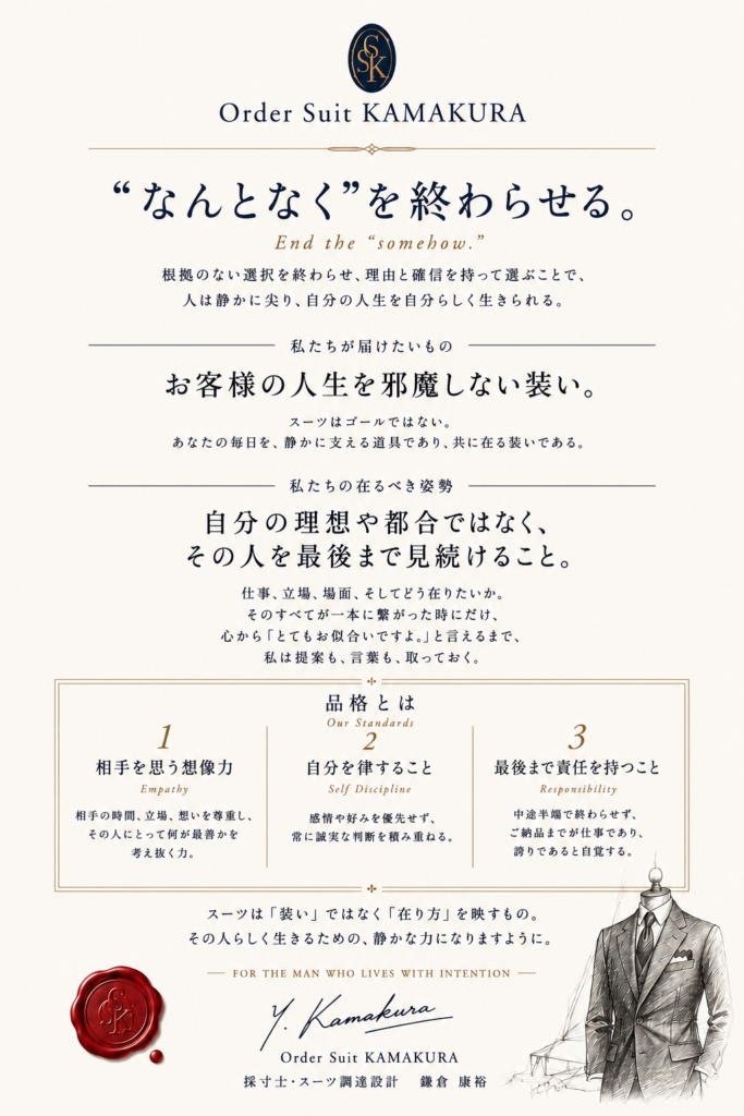 Order Suit KAMAKURAのブランド理念、提供価値、提供者としての姿勢をまとめた憲章