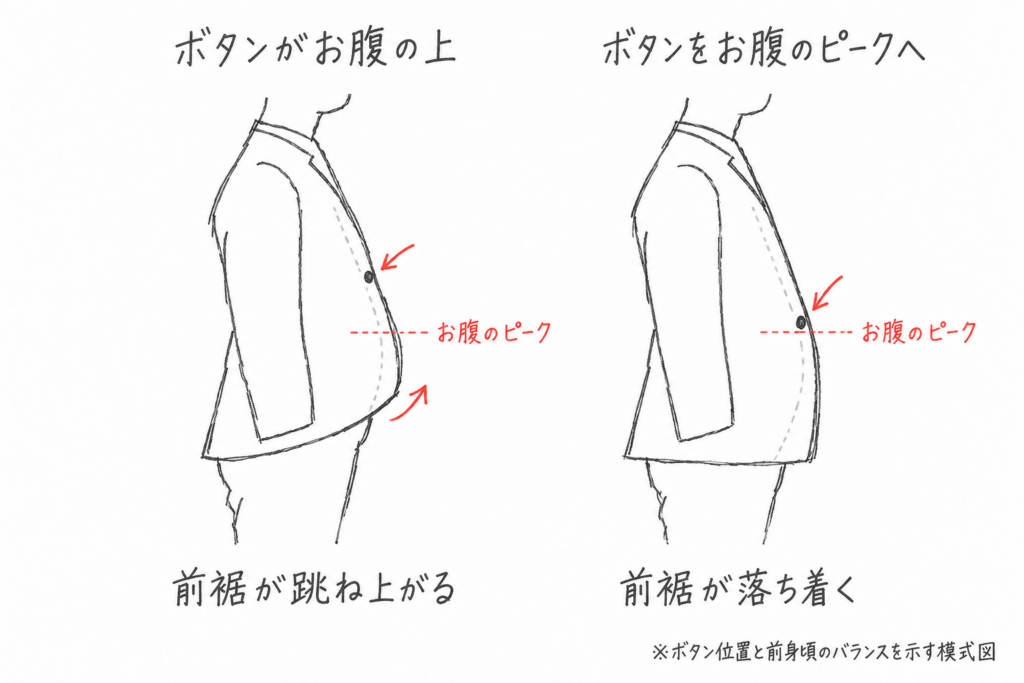 お腹の一番出ている位置とジャケットの掛けるボタンの関係を示す比較図